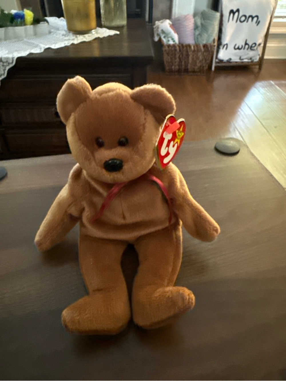 Ty Beanie Baby Teddy Brown Bear w/ Burgundy Ribbon Tag Attached Vtg Plush  1993